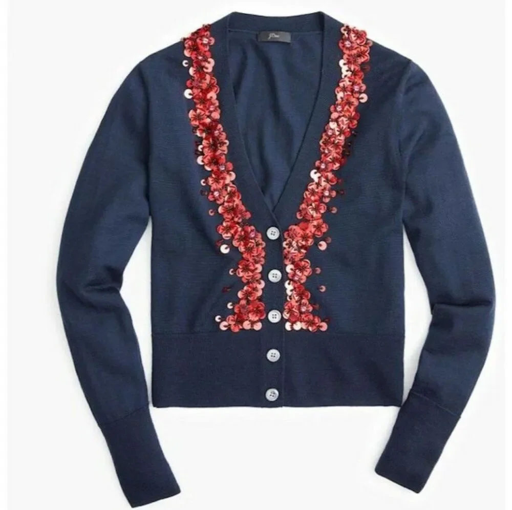 J. Crew Navy Blue Red Sequin Embellished Cartigan